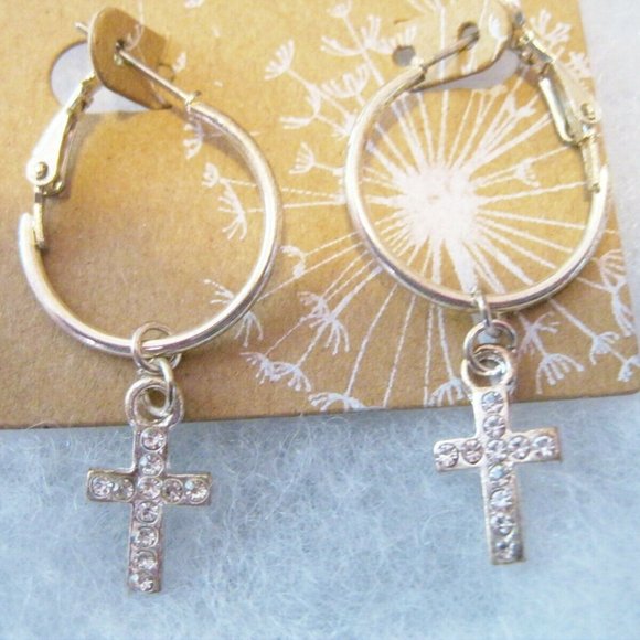 Christian Gold Tone Hoop with Rhinestones Cross Earrings - Picture 3 of 4